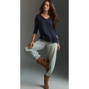 New WILT Long Sleeve Mix Media Ruffle Top 100% Cotton Peacoat Ink Navy Women's S